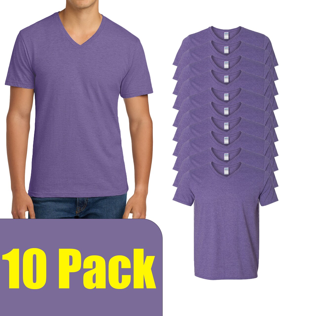 Gildan Men's Softstyle Short Sleeve V-Neck T-Shirt for DIY Projects & Printing, Heather Purple, S-5XL
